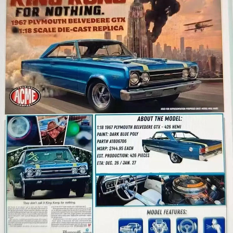 ACME 1967 Plymouth Belvedere GTX 426 HEMI 1:18 Diecast Model Car