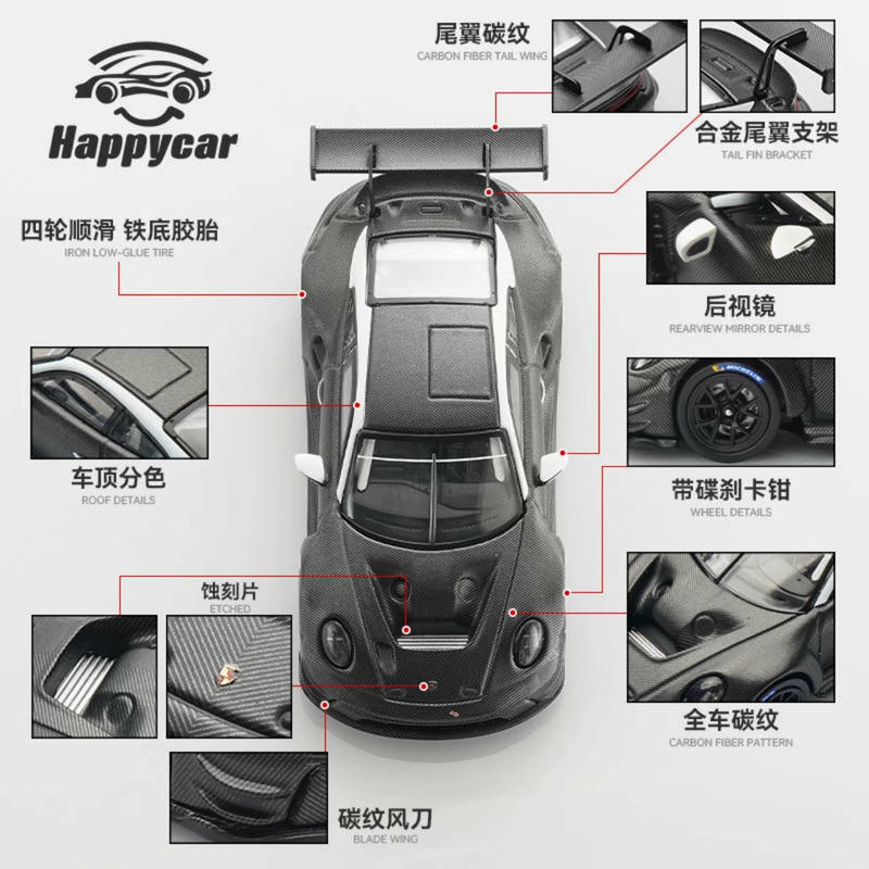 HappyCar Porsche 911 GT3 R 1:64 Diecast Model Car – Black Carbon