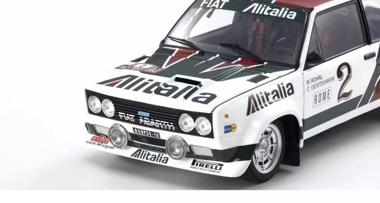 Fiat 131 Abarth Racing Car 1:18 Diecast Model by Kyosho (Blue & White Rally Livery – Car No. 1 & 2)