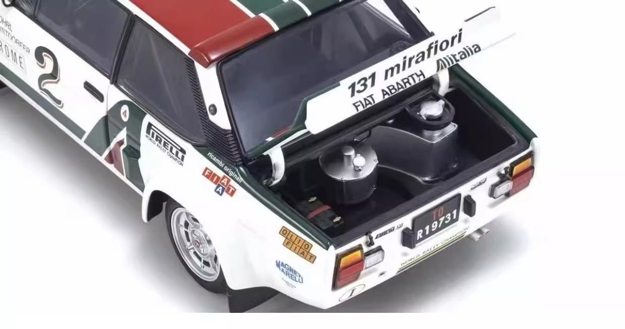 Fiat 131 Abarth Racing Car 1:18 Diecast Model by Kyosho (Blue & White Rally Livery – Car No. 1 & 2)