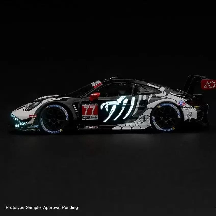 MINI GT 1:64 #1436 Porsche 911 GT3 R #77 Glow-in-the-Dark Dragon Racing Diecast Model Car – Motorsport Collectible