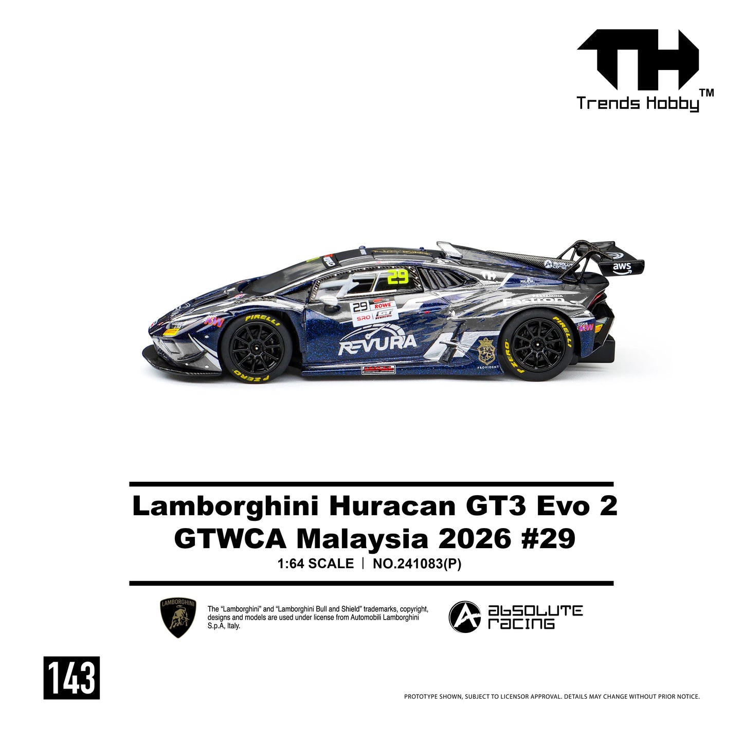 TH 1:64 Lamborghini Huracán GT3 EVO2 #29 GT World Challenge Asia Malaysia 2026 Diecast Model
