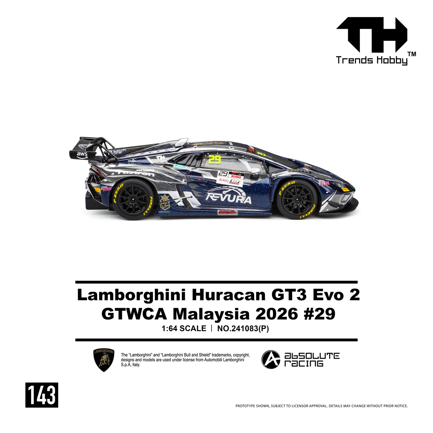 TH 1:64 Lamborghini Huracán GT3 EVO2 #29 GT World Challenge Asia Malaysia 2026 Diecast Model